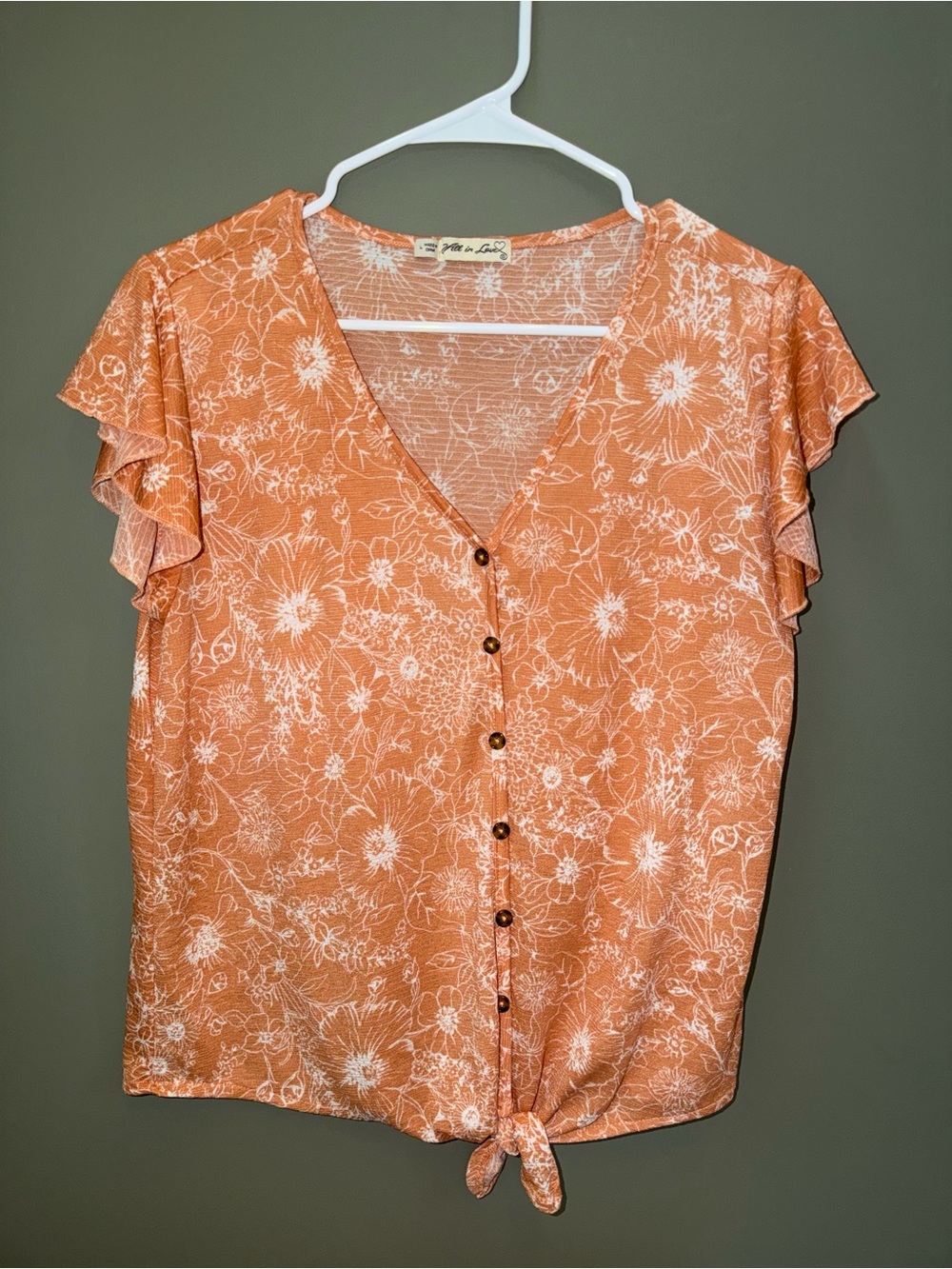 Cute All in Love Floral Tie-Front Flutter Sleeve Top - sz Large Orange
